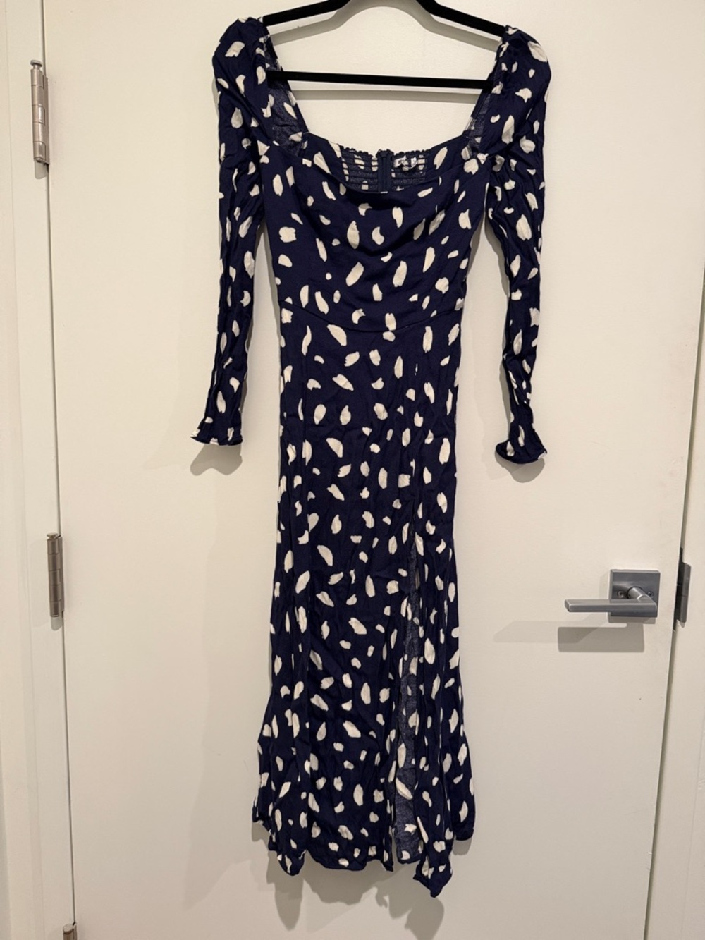 Reformation Navy and White Printed Long Sleeve Midi Dress